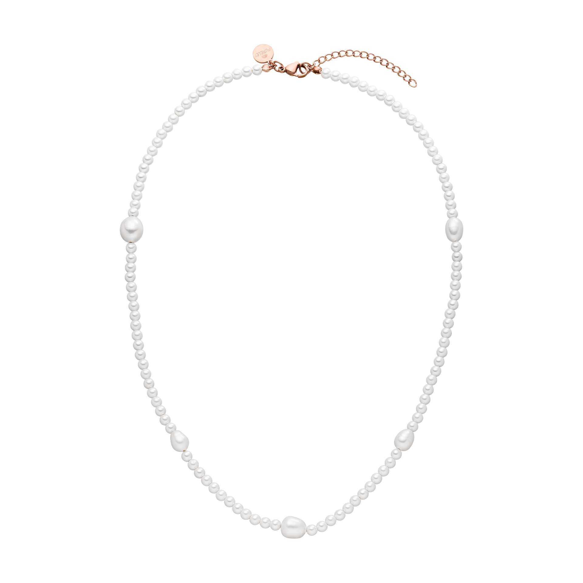 Weiße Perlenkette mit roséfarbenem Verschluss, elegant und feminin, von PURELEI.