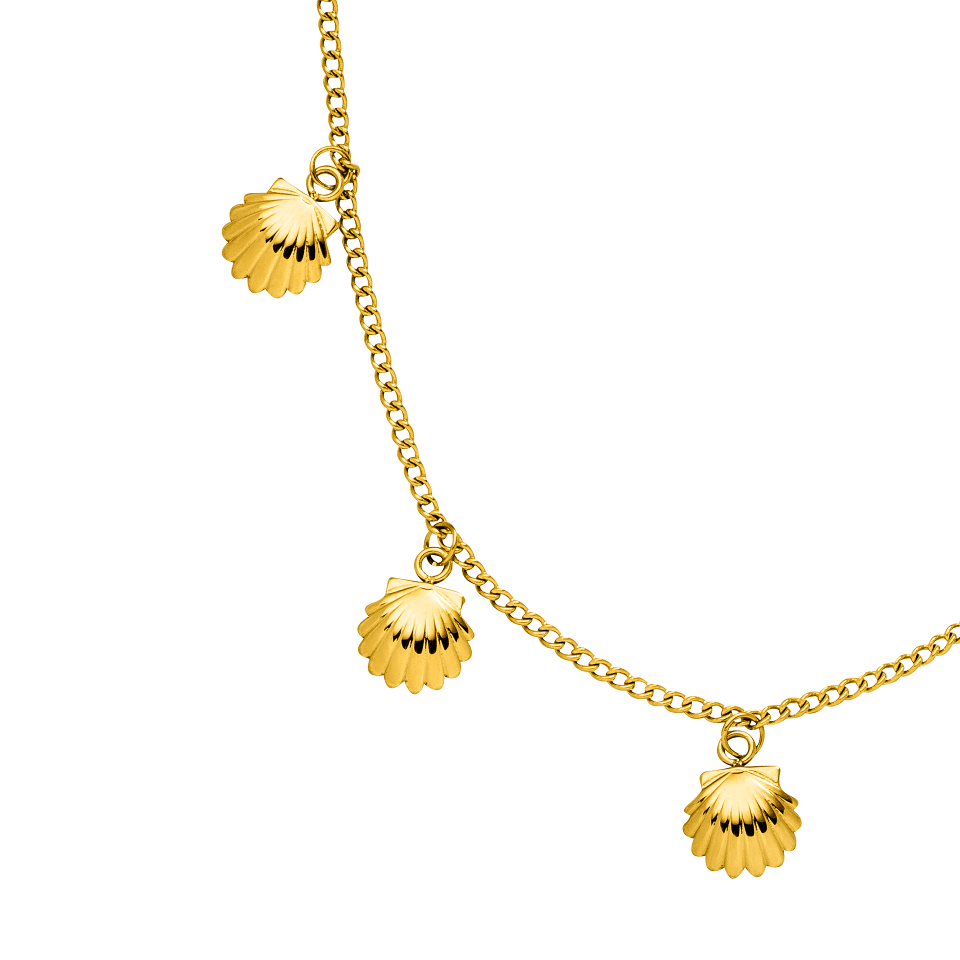Goldene Kette mit Muschel-Anhängern, inspiriert von PURELEI, elegant und feminin.