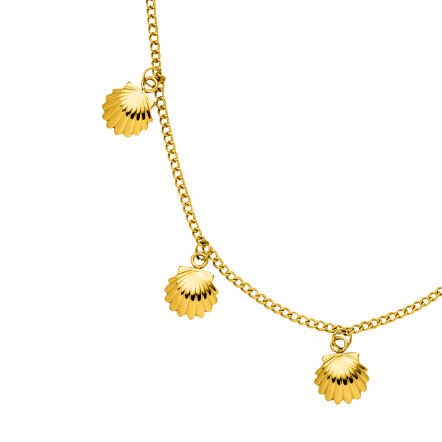 Goldene Kette mit Muschel-Anhängern, inspiriert von PURELEI, elegant und feminin.
