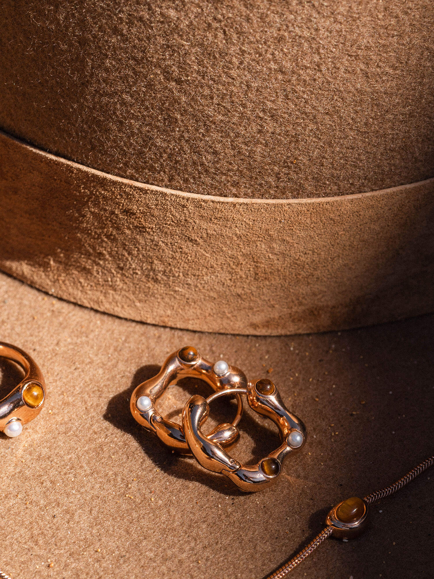Goldene Ringe auf braunem Hut, inspiriert von PURELEI, elegant und modern.