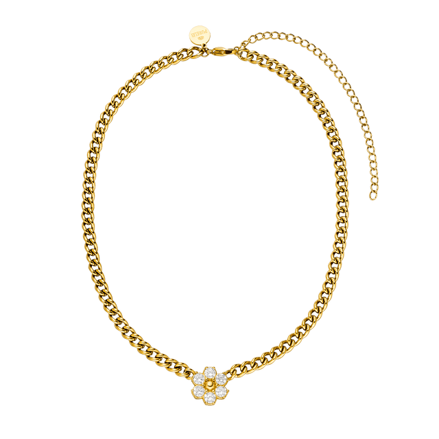 Goldene Kette mit blütenförmigem Anhänger, PURELEI, elegant und feminin.