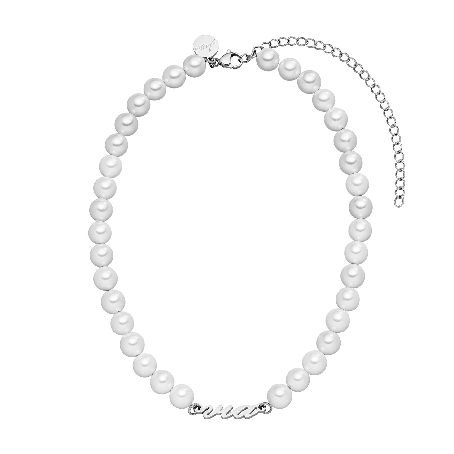 Weiße Perlenkette mit silbernem Schriftzug 'via' von PURELEI, elegant und feminin.