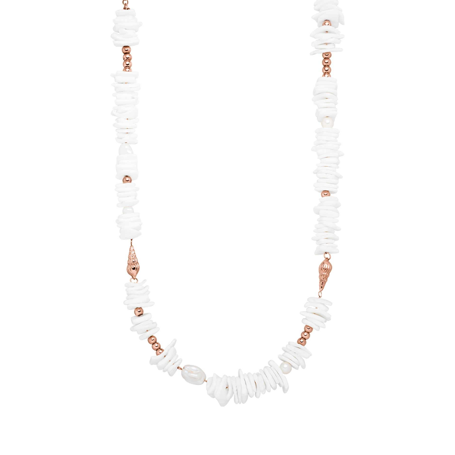 PURELEI Wela Kette aus roségoldenem Edelstahl mit echten Muschelstücken und Perlen, elegant und feminin gestaltet