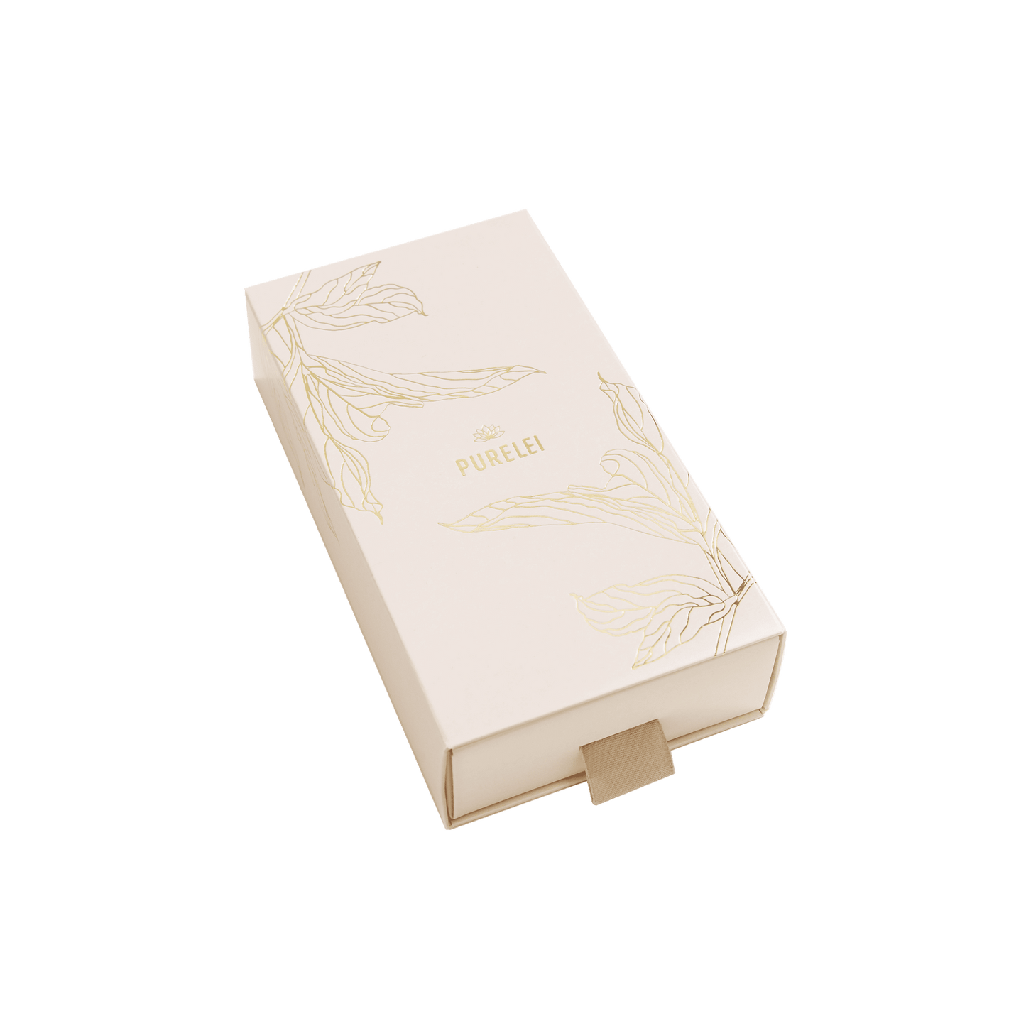 Elegante PURELEI Schmuckbox in sanftem Rosa mit goldenen Blattmotiven.