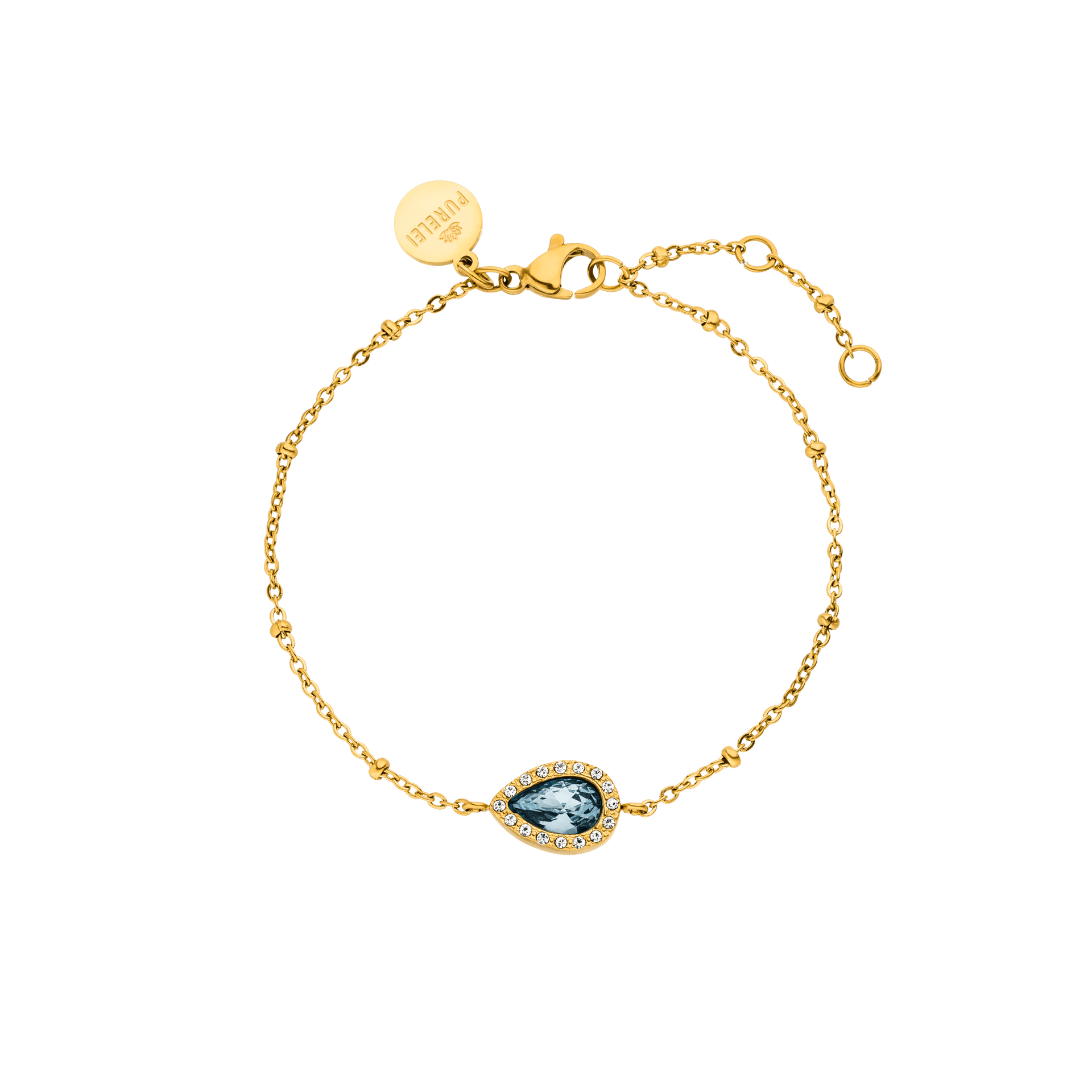Bellezza Armband von PURELEI in 18K Gold mit blauem Tropfenstein und weißen Akzenten, elegant und fein.