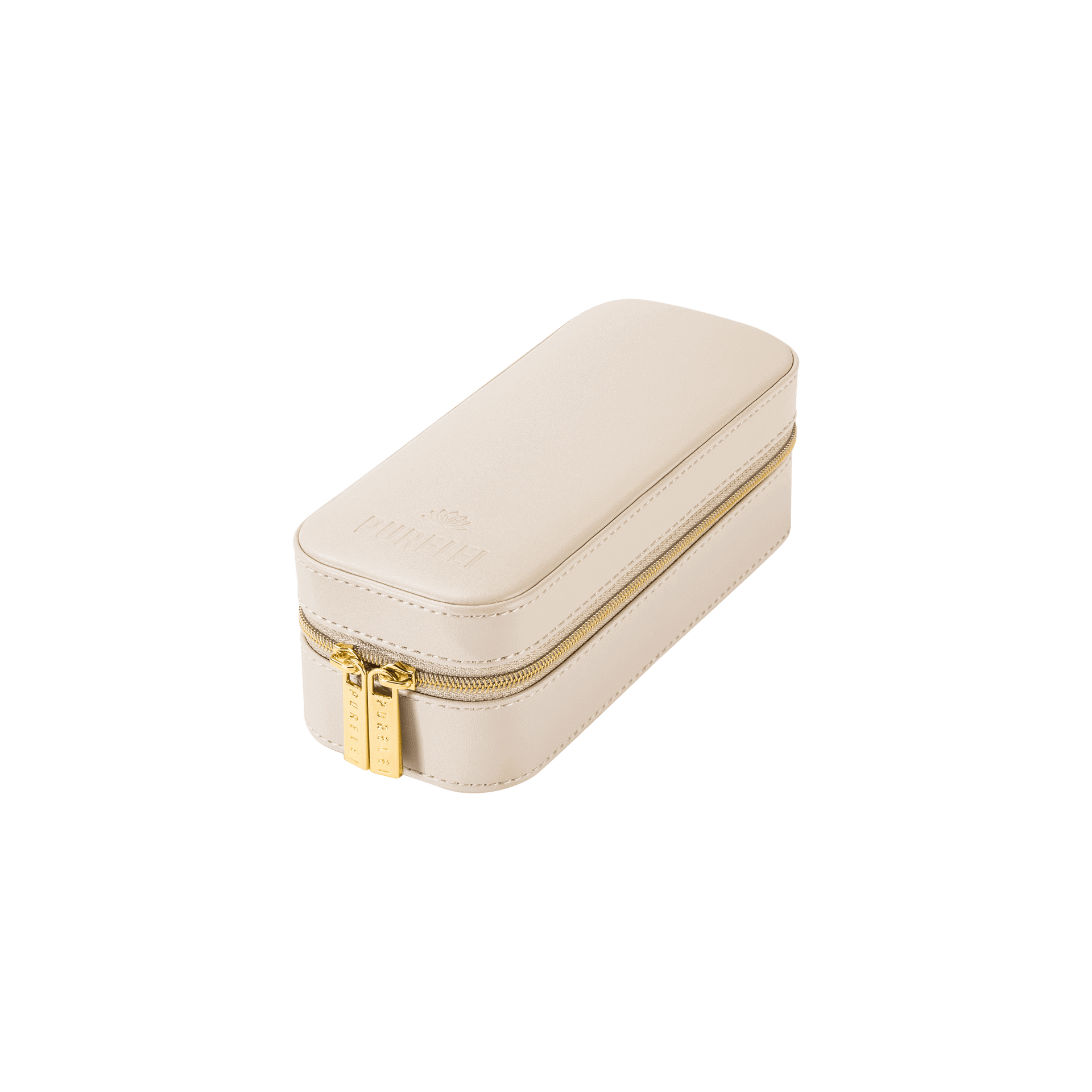 Elegante, cremefarbene Schmuckbox mit goldenen Reißverschlüssen von PURELEI.