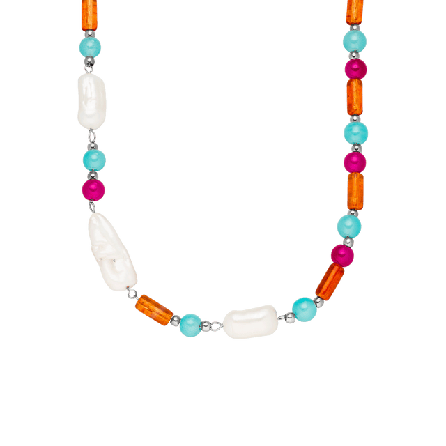 Delight Kette von PURELEI mit vergoldetem Edelstahl, Glas- und Süßwasserperlen in Aqua, Bernstein und Lila.