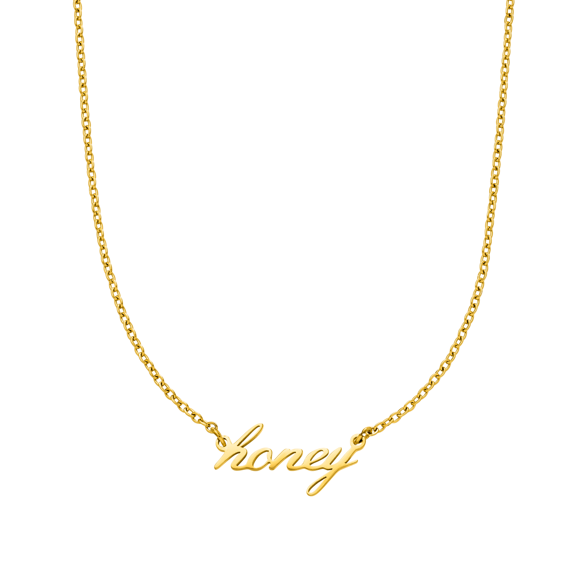 PURELEI Honey Kette aus 18K vergoldetem Edelstahl mit filigranem Schriftzug, elegant und zeitlos.