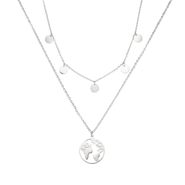 Silberne Kette mit Weltkugel-Anhänger und runden Plättchen von PURELEI